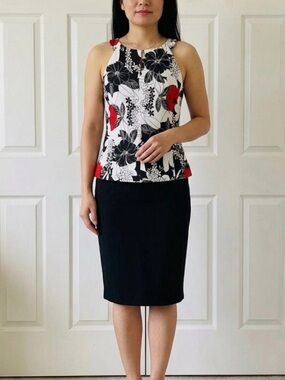 NWT Victor Costa Black & White Floral Halter Camisole with Red Blooms